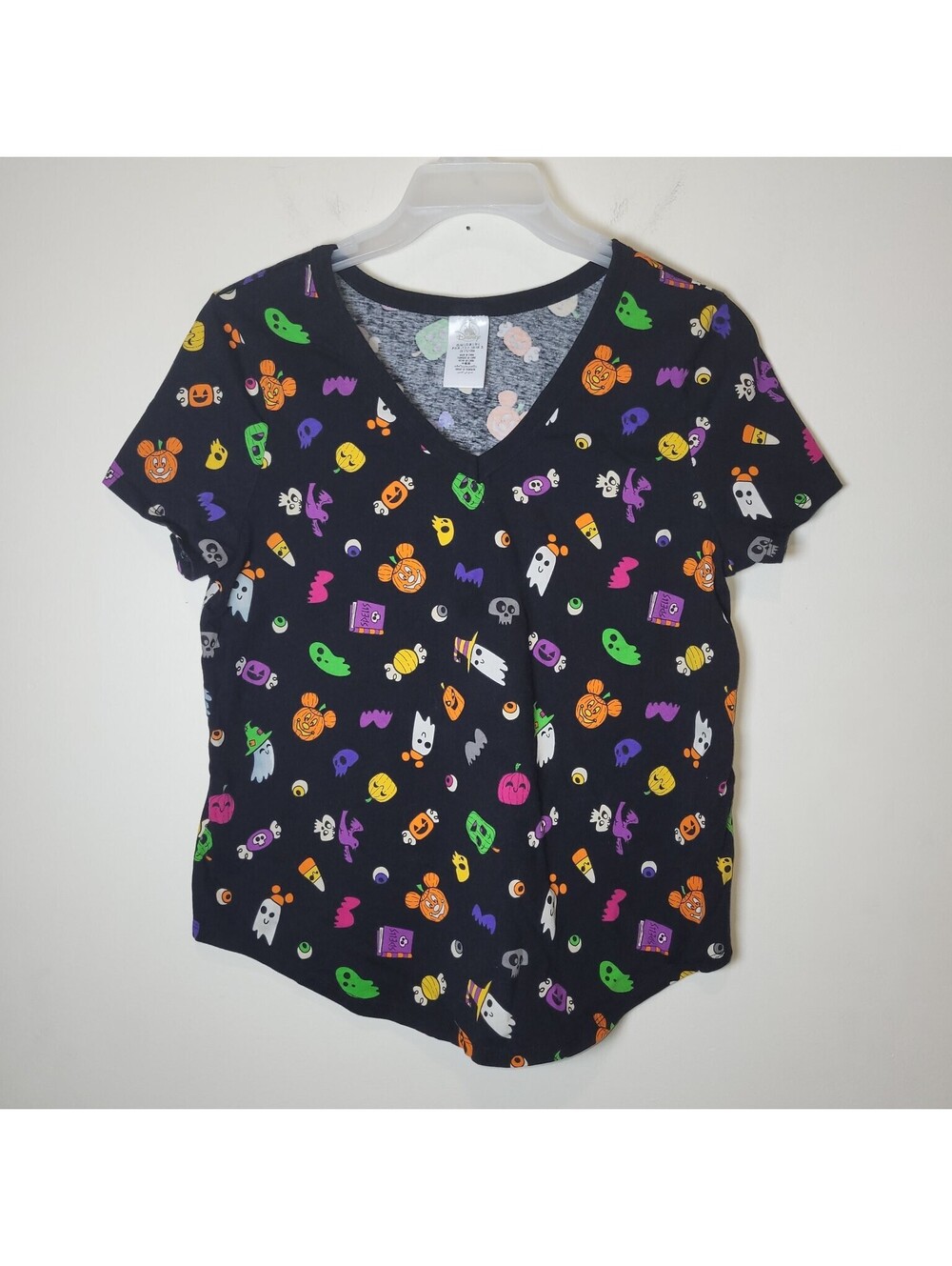 Disney Parks Halloween Mickey Pumpkin Ghost Skull All Over Print V-Neck Shirt L